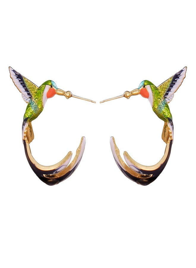 POYAMUSE Colorful Hummingbird Enamel Stud Earrings - Flying Hummingbird C Shaped Stud Earrings for Women Oil Painting Style Jewelry - Image 1
